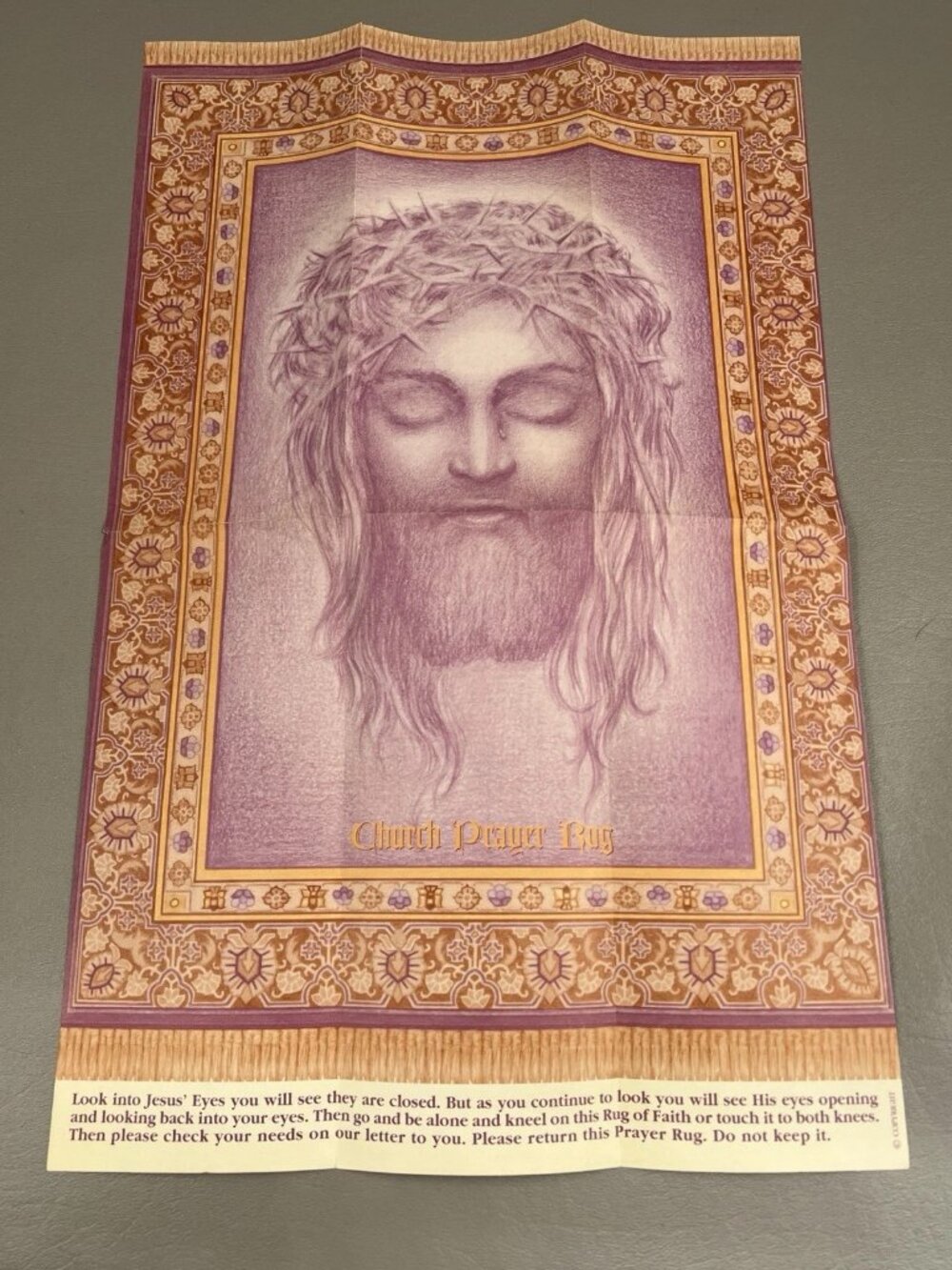 Vintage Paper Church Prayer Rug Jesus Eyes Open Illusion 11x17 Religious Pray Fo